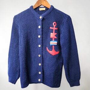 Vintage Ownen Navy Rib Knit Nautical Anchor Cardigan Sweater Button Up Womens S